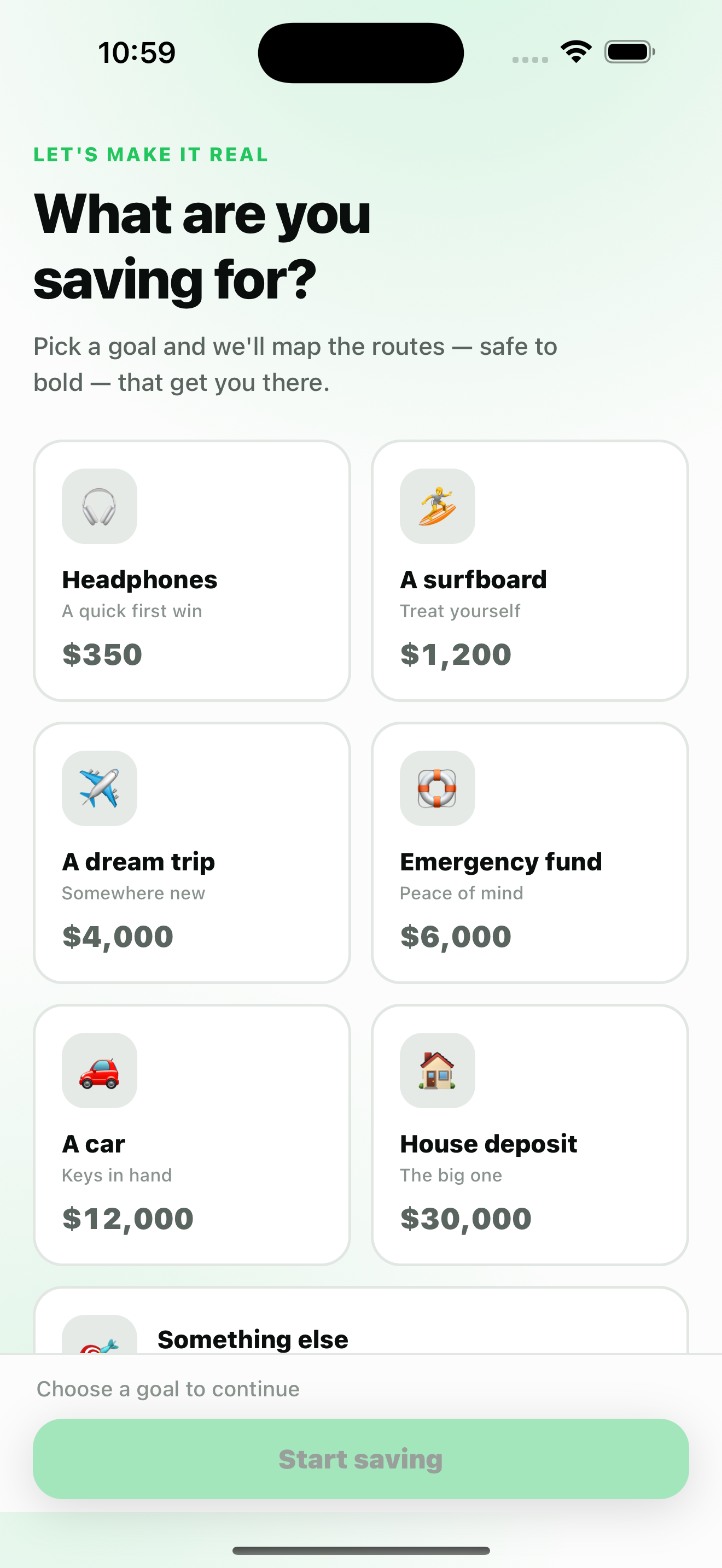Pathey goal setup screen with savings goals
