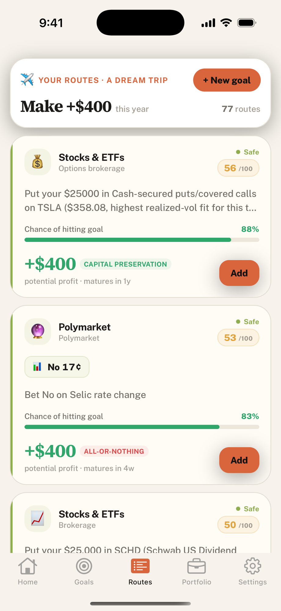 Pathey's Routes screen showing goal progress and ranked routes including Stocks & ETFs and Polymarket