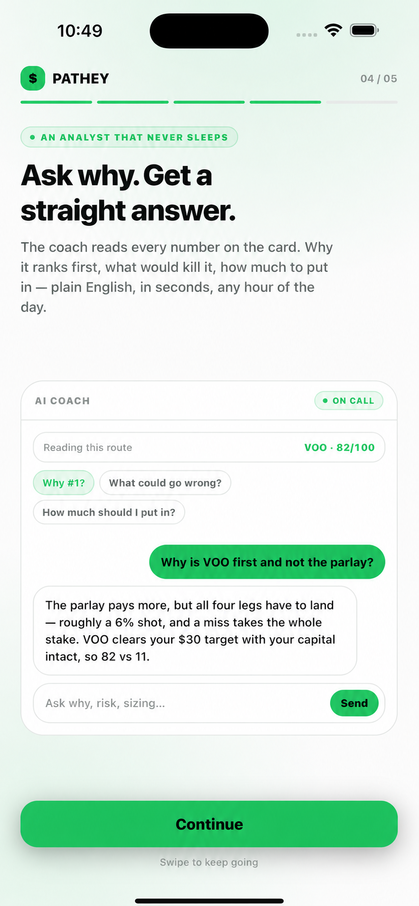 Pathey AI coach answering a question about a ranked route