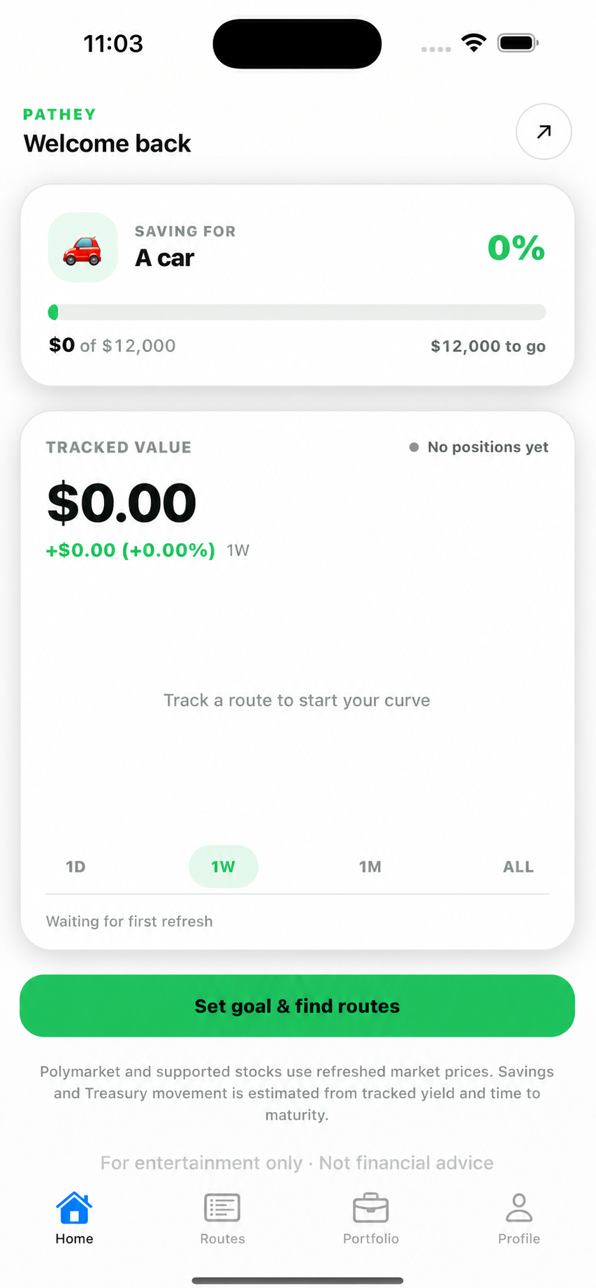 Pathey home screen tracking a savings goal